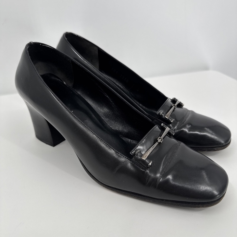 Gucci Vintage Round Toe With Bit Leather Pumps Black 7B Designer Comfort Heel